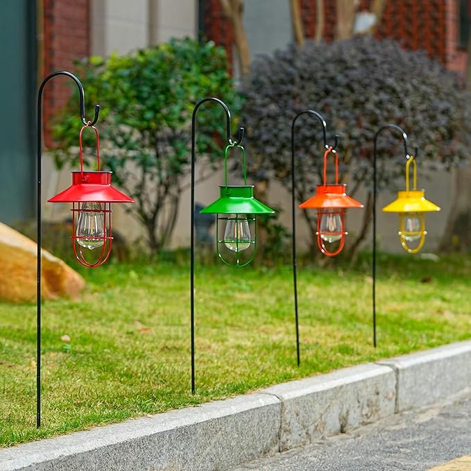 Solar Lights Lantern Lamp with Shepherd Hook, Solar Metal Lanterns, Outdoor Lights Decor,Edison Bulb Lights for Garden ,Outside Decor for Pathways,Patio, Lawn, or Landscaping (Orang)