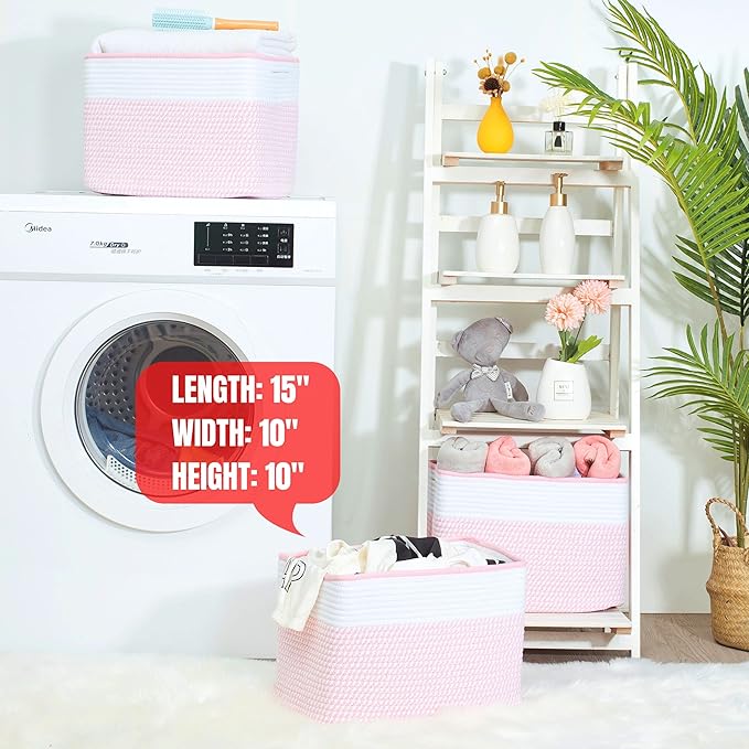 MINTWOOD Design Storage Basket for Shelves, Decorative Baskets for Organizing, Book Basket, Storage Cube Bin Box, Woven Closet Organizer, Pantry Closet and Shoe Basket, Light Pink