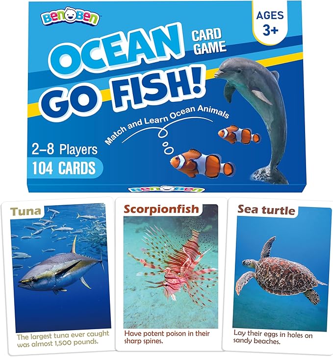 BenBen Go Fish Card Game for Kids, 104 Cards, Ocean Theme Memory Matching Game, Sea Animals Learning Playing Cards, Picture Cards with Real Photos, Fun Facts, 2-8 Players