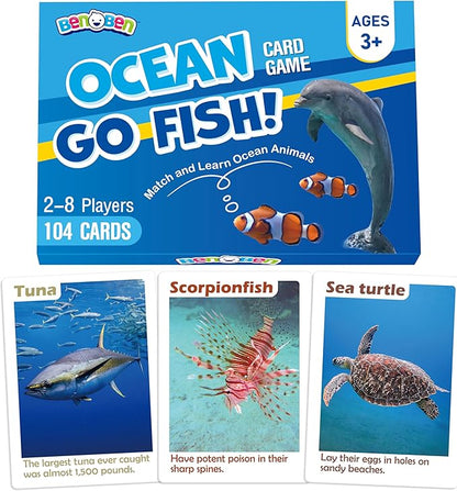 BenBen Go Fish Card Game for Kids, 104 Cards, Ocean Theme Memory Matching Game, Sea Animals Learning Playing Cards, Picture Cards with Real Photos, Fun Facts, 2-8 Players