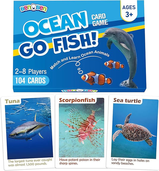 BenBen Go Fish Card Game for Kids, 104 Cards, Ocean Theme Memory Matching Game, Sea Animals Learning Playing Cards, Picture Cards with Real Photos, Fun Facts, 2-8 Players