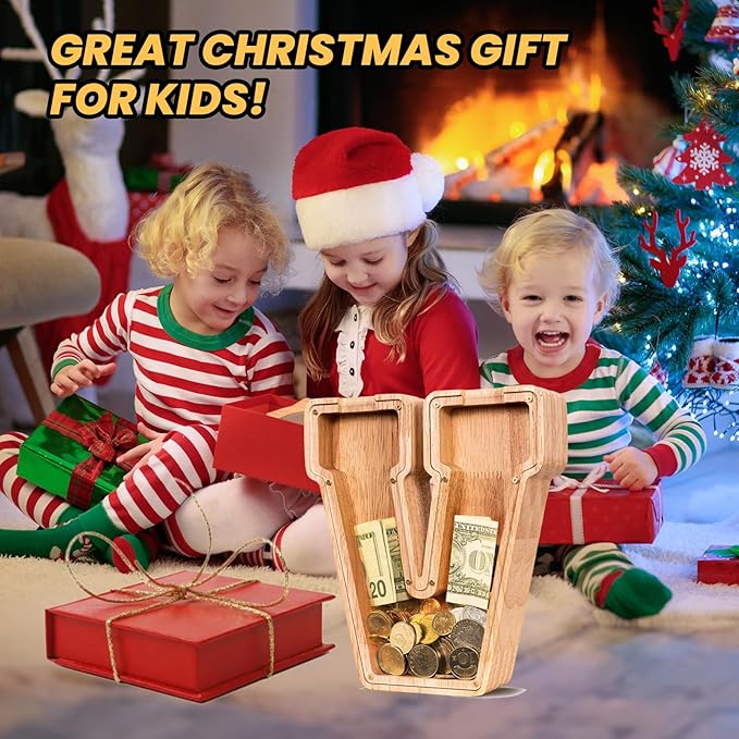 KMC Wooden Letter Piggy Bank, Personalized Initial Piggy Bank for Kids Boys, Clear Alphabet V Wood Money Box, Unbreakable Coin Saving Jar, Birthday, for Children