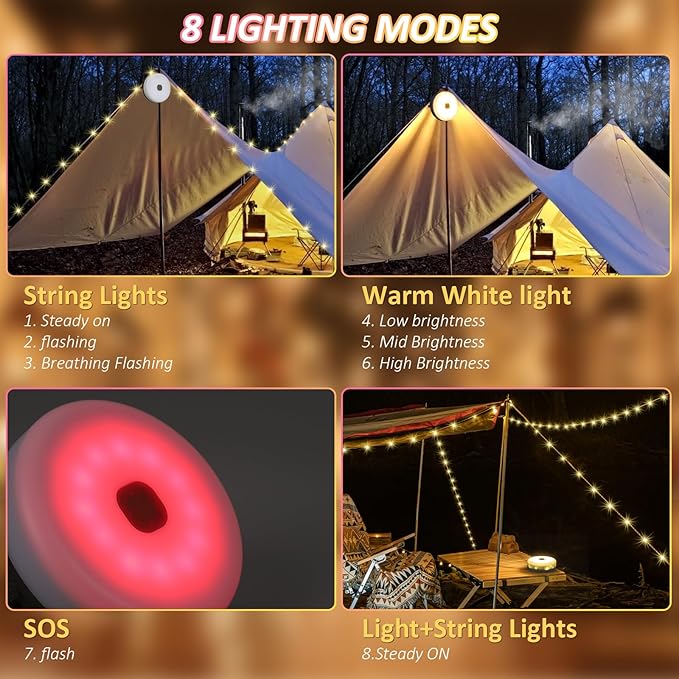 Solar Camping String Lights, 39.4FT Waterproof Camping Lights with 8 Lighting Modes, Rechargeable Outdoor Camp lamp 2 in 1with Remote Control, Portable Tent Lantern for Hiking, Yard, Party Decor