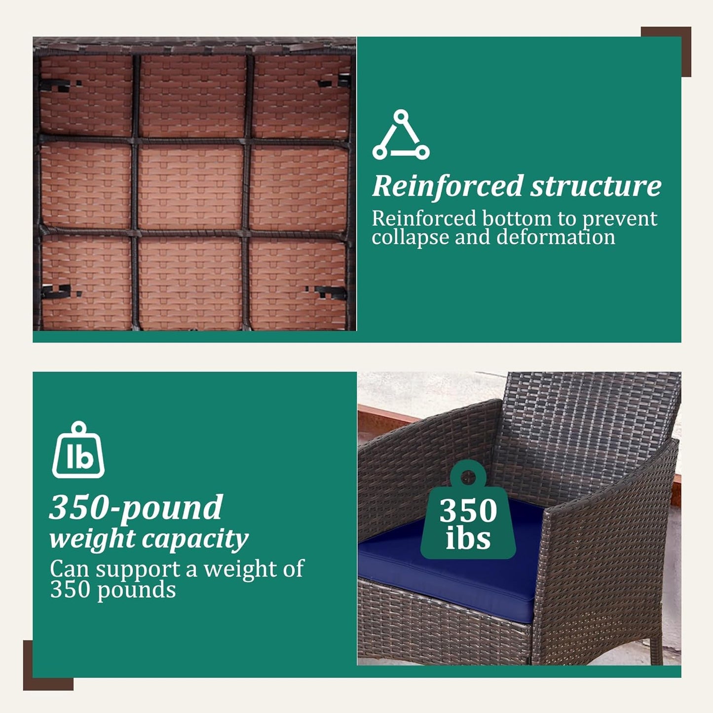 3 Piece Patio Furniture Set - Outdoor Conversation Sets with Coffee Table, Rattan Chair Set for Garden/Poolside, Brown/Navy Blue