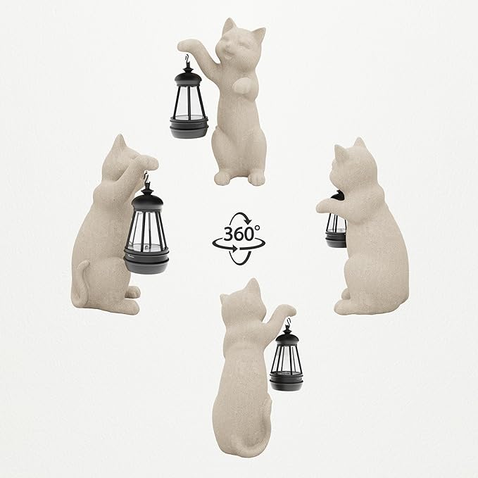 Solar Powered Garden Resin Statue Lights, 10 Inch Waterproof Outdoor Animal Cute Cat Figurine Lights, Suitable for Patios, Balconies, Lawns, Courtyards, Etc. (Hand)