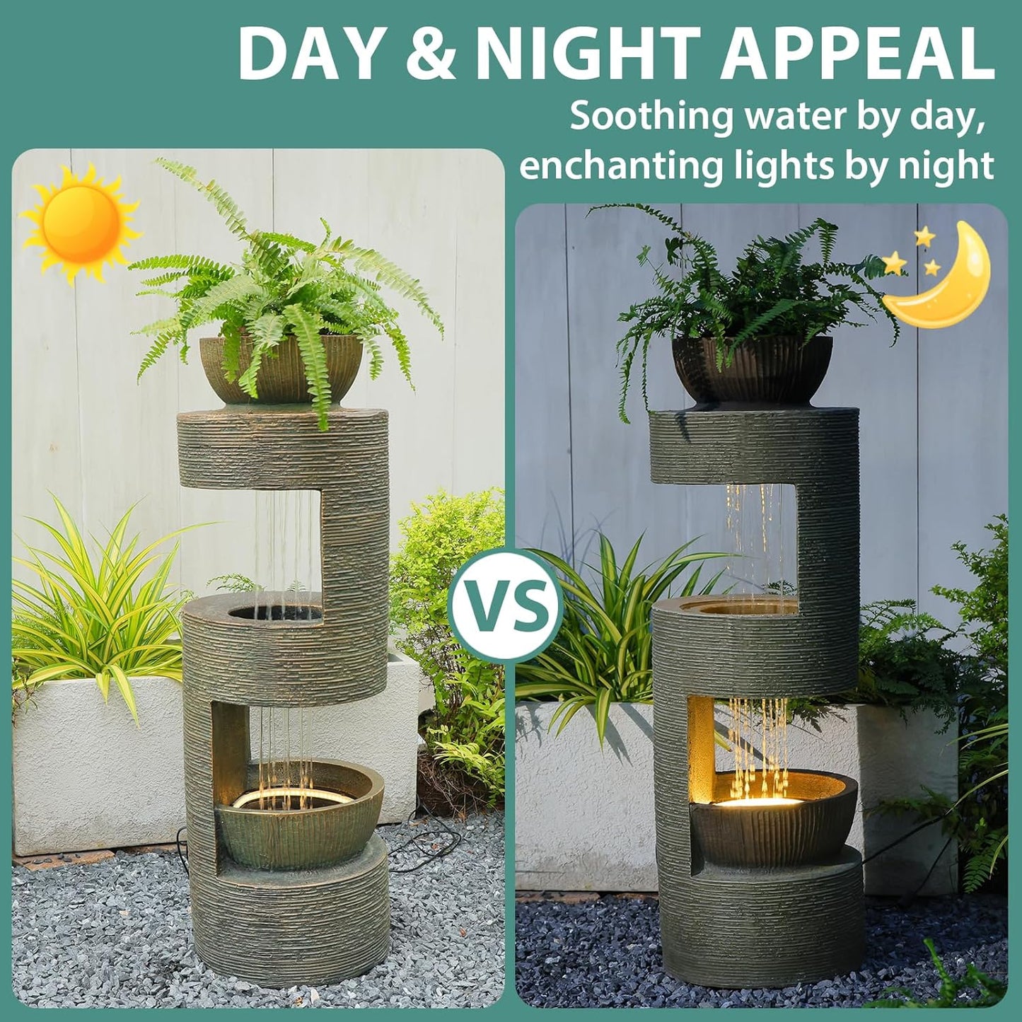37.8" Outdoor Fountain with Waterfall & LED Lights, Freestanding Garden Water Fountain for Patio/Backyard, Resin Tiered Fountain with Pump