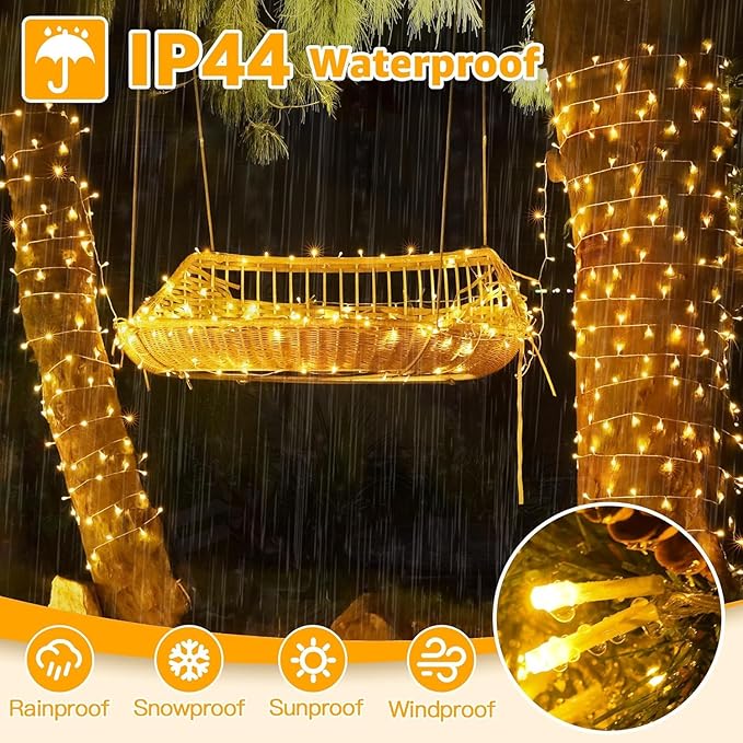 Ollny Christmas Lights Outdoor 400LED 131FT, Warm White Fairy Lights with Remote 3 Timer, Plug in 8 Modes String Lights for Bedroom Indoor Outside House Party Xmas Decorations