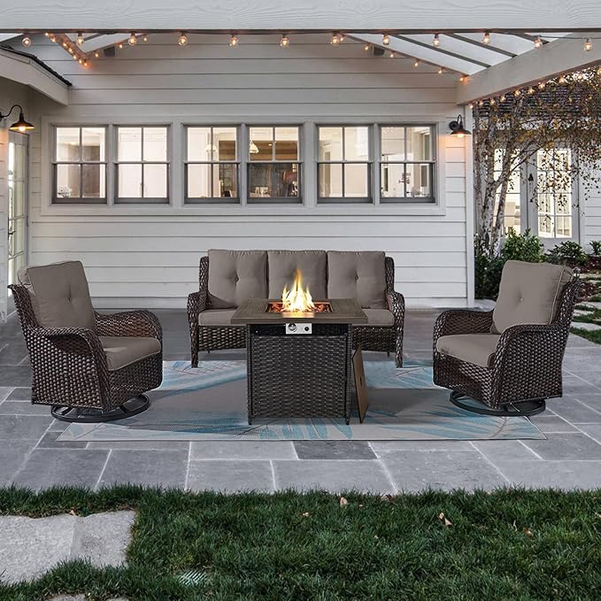 Outdoor Patio Furniture Set with 50000BTU Propane Fire Pit Table, 4 Pieces Wicker Patio Conversation Set with 2 Swivel Rocker Glider Chairs Rattan Sofa Grey Cushion Perfect for Gathering
