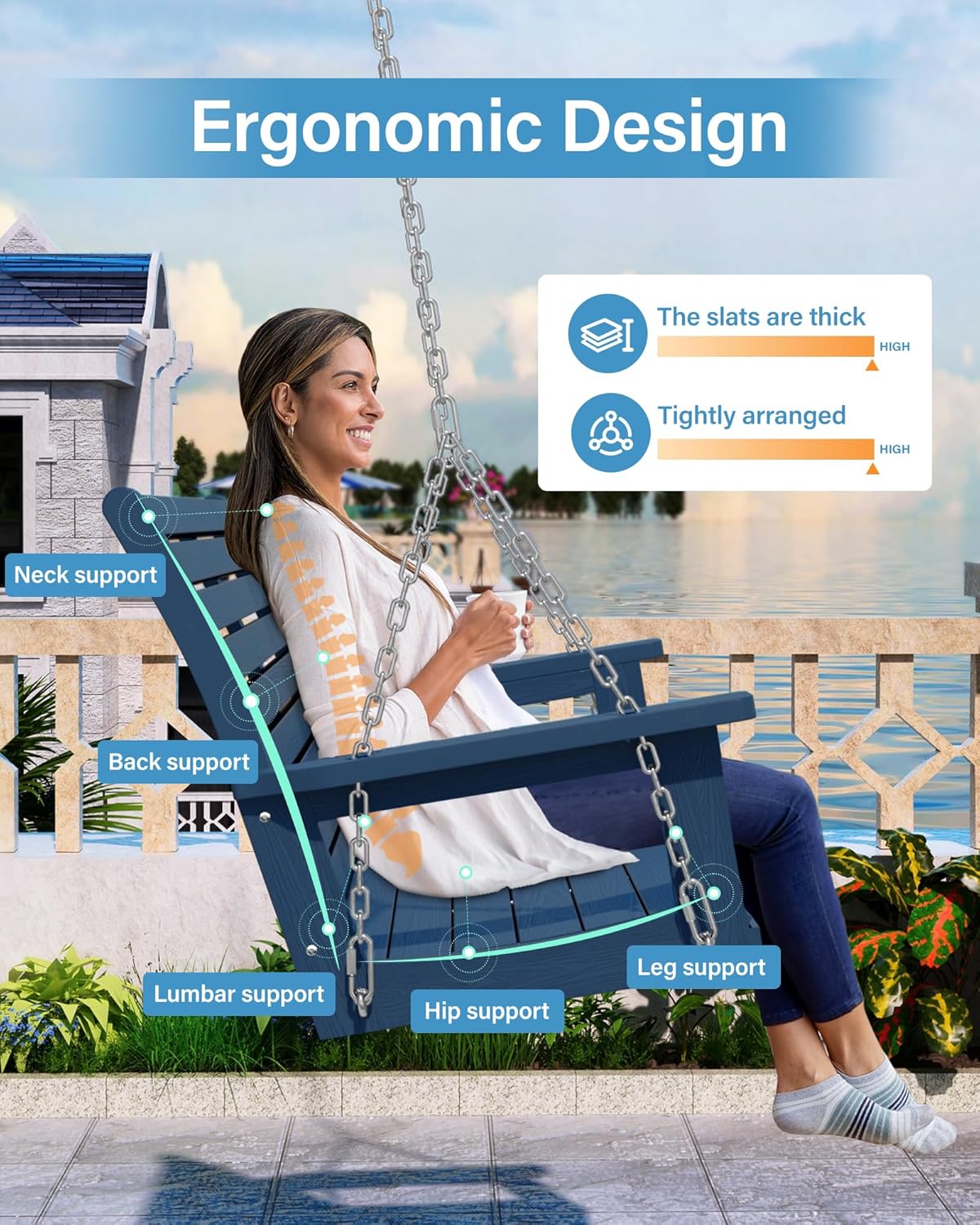 YEFU Hanging Porch Swing Set of 2,2-Seat Patio Swing Bench,All-Weather Swing Chair with Hanging Chains,Look Like Real Wood,for Garden and Courtyard,800LBS Weight Capacity,4FT,Navy Blue