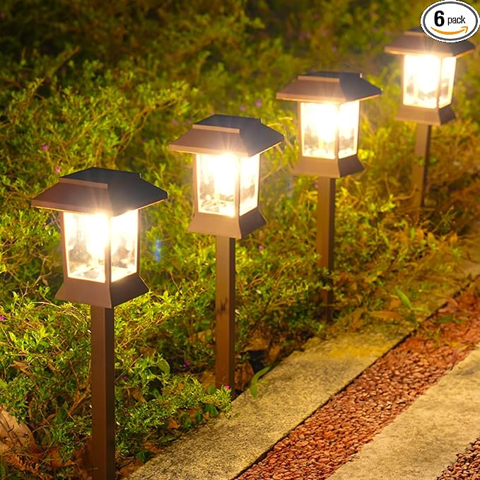Solar Pathway Lights Outdoor Waterproof IP65, Brown Solar Lights Outdoor with Hook 6PK, Upgraded 1000mAH Battery, Up to 12Hrs, Auto On/Off, Garden Decor for Yard, Driveway, Walkway (Bulb)