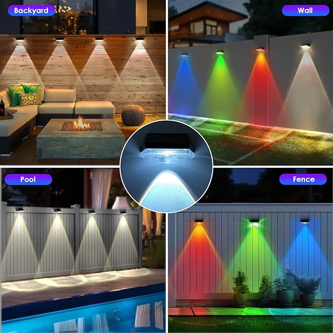 HENRE Solar Fence Lights - 9 Color Modes & Cyclical Gradient, IP44 Waterproof Solar Lights Outdoor, Auto On/Off, Fence Lights Solar Powered for Garden, Pathway, Yard Decor (6-Pack)