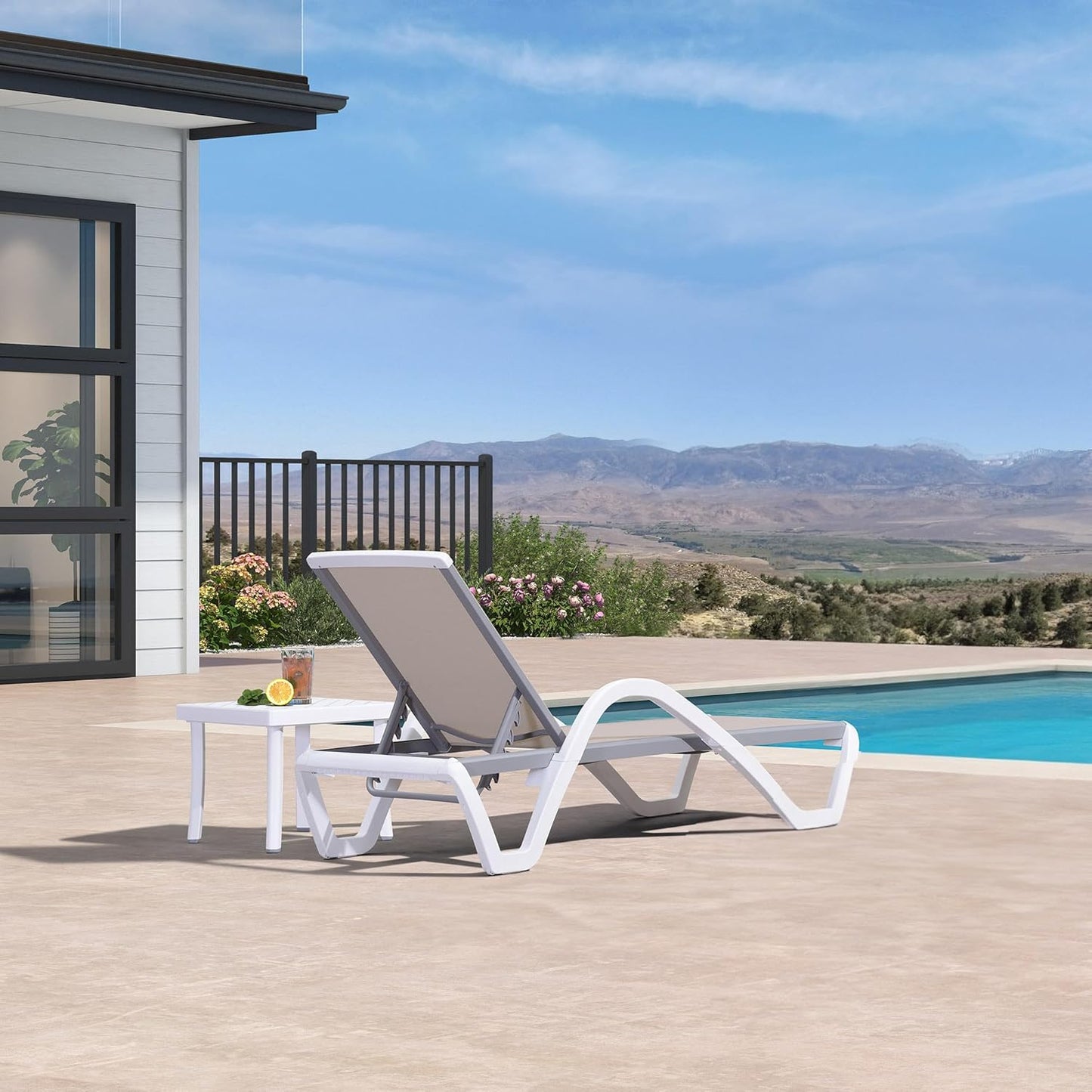 PURPLE LEAF Patio Chaise Lounge Chair Set Outside Aluminum Plastic Stackable Tanning Chairs with Armrests and Side Table for Pool Sunbathing Beach Deck Outdoor Lounger, Beige