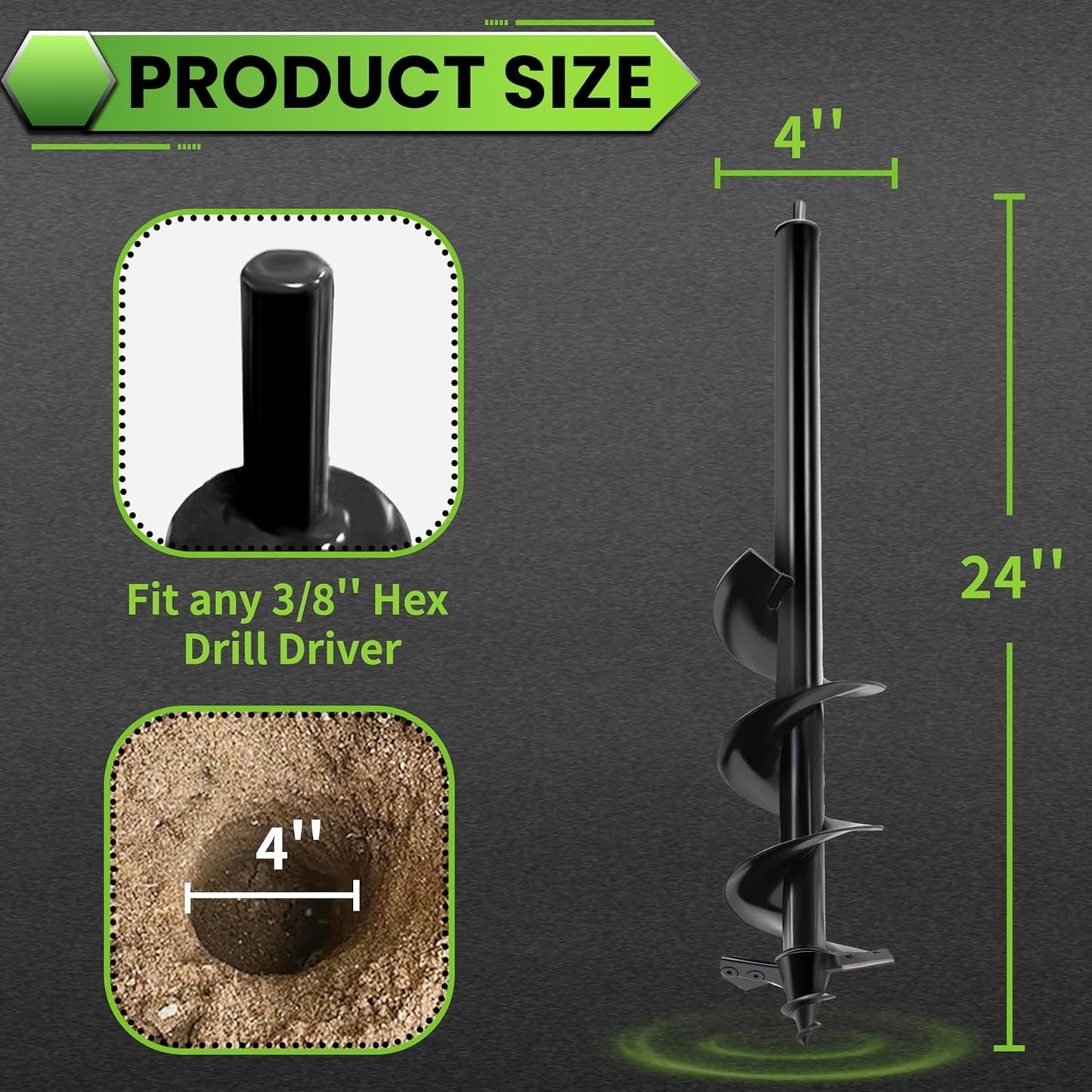 SYITCUN Auger Drill Bit for Planting - 4"X24" Heavy-Duty Post Hole Auger - Auger Post Hole Digger for Fence- 3/8" Hex Drive Drill