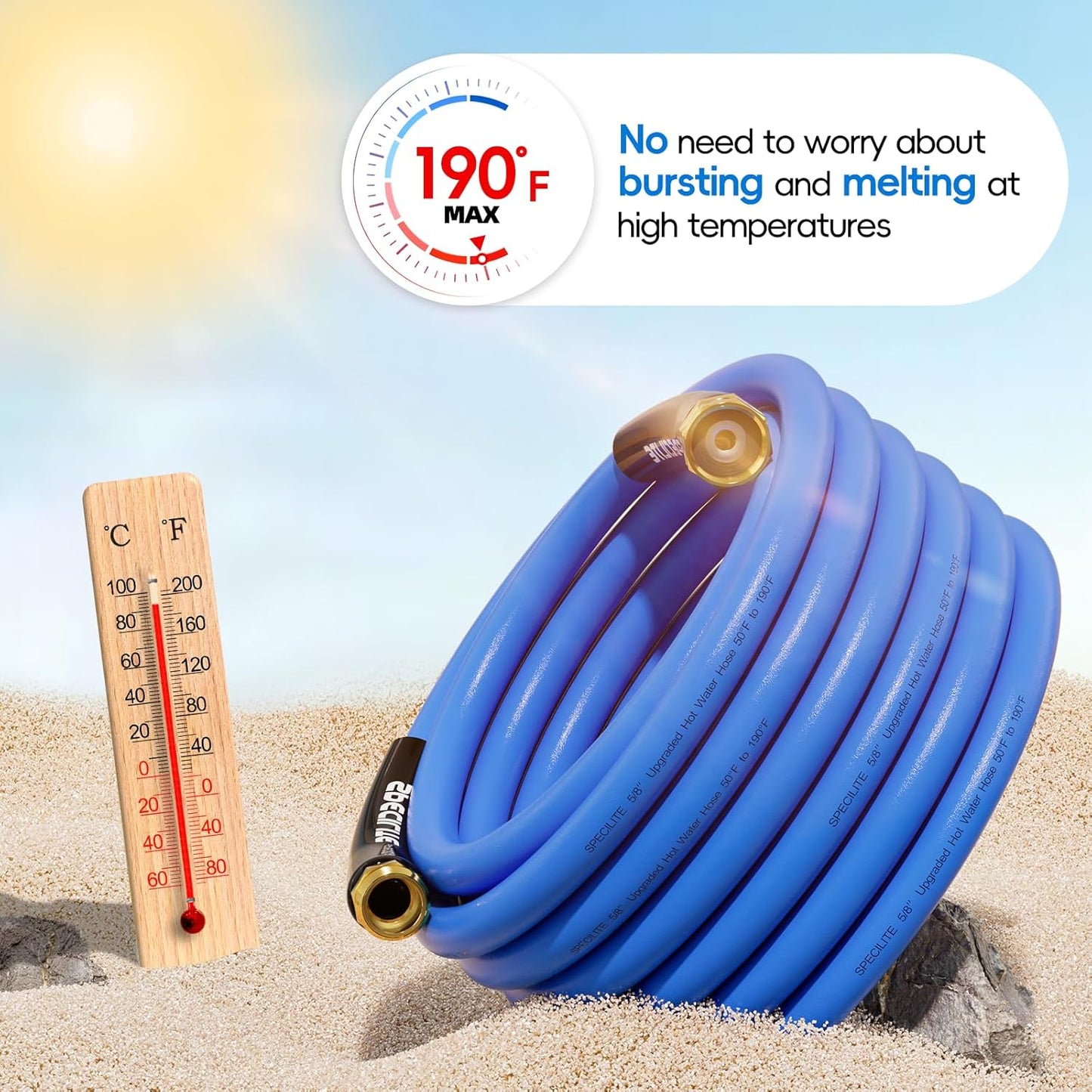 Hot/Cold Garden Water Hose 25 ftx 5/8 in, -50℉ To 190℉, Heavy Duty, Flexible, Burst 605 Psi, Lightweigh, Upgraded Rubber Pipe with 3/4" Brass Fittings For Backyard, Outdoor, Farm, Blue