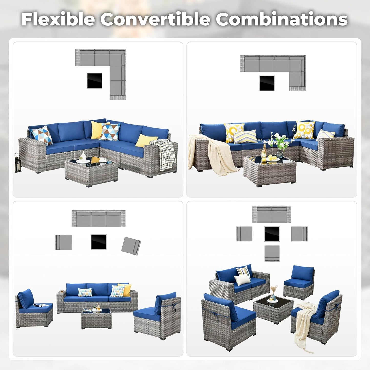 ovios 6 Pieces Patio Furniture Set, Outdoor Wicker Sectional Sofa with Glass Table Comfy Cushions, Modern Modular Deep Seat Couch Rattan Conversation Set, Navy Blue