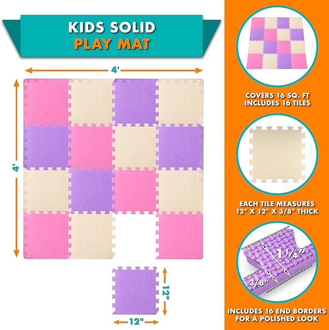 ProSource Foam Puzzle Floor Play Mat for Kids and Babies with Solid Colors, 36 or 16 Interlocking Tiles with Borders, Pink/Purple/Beige