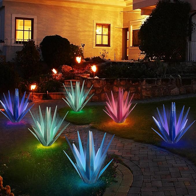 Large Tequila Rustic Sculpture, Rustic Metal Agave Plants for Outdoor Patio Yard, Home Decor Hand Painted Metal Agave Garden Yard Statue, Outdoor Lawn Ornaments (Sky Blue - L(W/Solar Light))