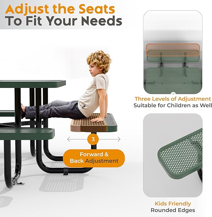 Metal Picnic Tables for Outdoors with Umbrella Hole - Coated Steel Heavy Duty Commercial Grade Table with Adjustable Seats (Green, 46 in, Square, Punched Steel)