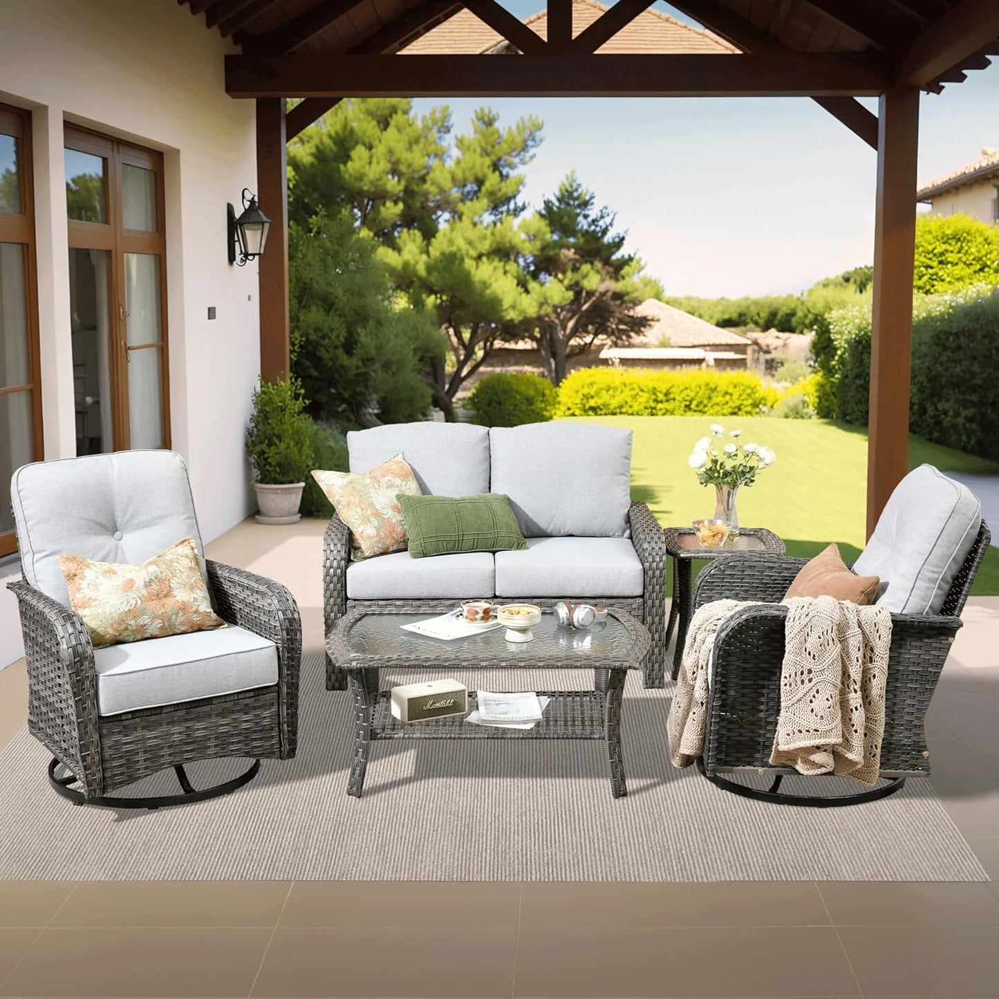 ovios 5 Pieces Patio Furniture Set, Outdoor Wicker Sofa with Swivel Chairs, Coffee Table, All Weather High Back Rattan Loveseat Couch with Comfy Cushions, Grey