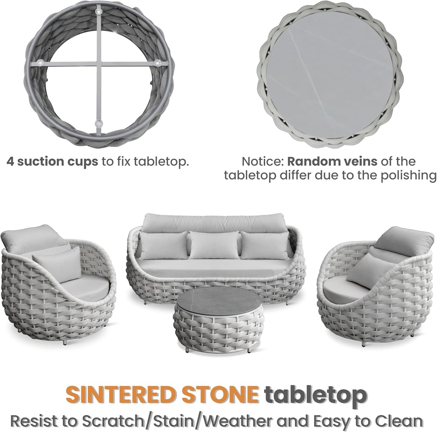 Woven Rope Patio Furniture Set: 4 Pieces Aluminum Outdoor Conversation Sofa Set Assembled - Modern Couch Set Cushioned - All Weather Metal Porch Seating for 5 Person Deck Garden Pool Hotel, Gray