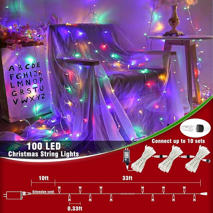 33ft Christmas Lights Outdoor Waterproof, 100 LED String Lights for Bedroom Clear Wire with 8 Modes, Plug in Twinkle Fairy String Light for Indoor Outdoor Home Party Garden Decorations, Multicolor