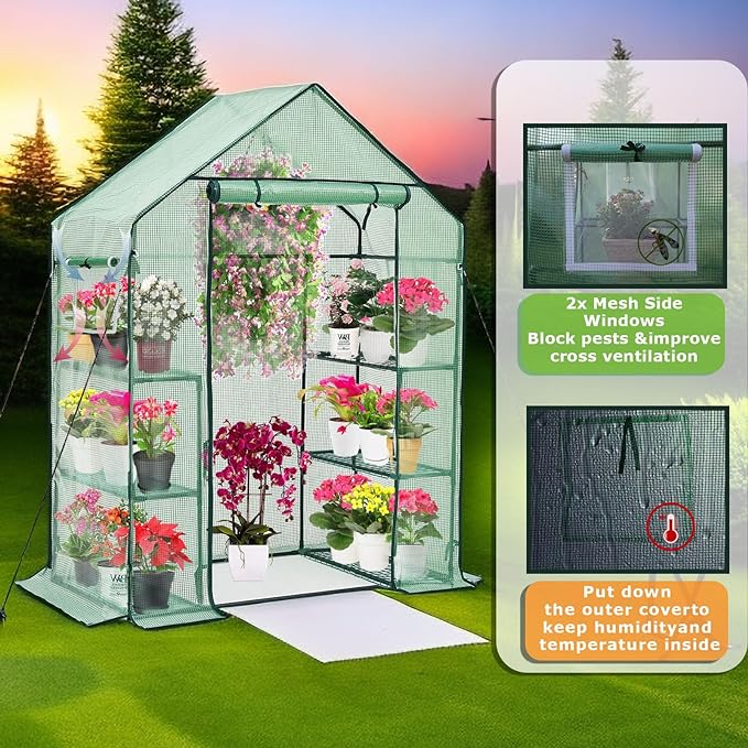 Walk-in Greenhouse for Outdoors w/ Mesh Side Windows, 3 Tiers 6 Shelves PE Cover Green House Portable Warm House for Seedling Flowers Growing 20 Pcs T-Type Plant Tags Include (GHW001G)