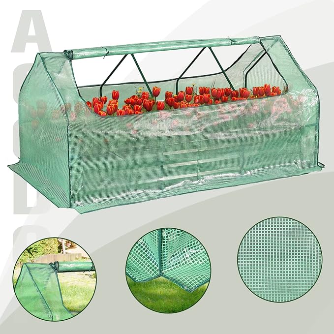 Aoodor 6 x 3 x 1 ft Raised Garden Bed with Mini Greenhouse Kit, Metal Planter Box with 2 Roll-Up Zipper Doors for Vegetables, Herbs, and Flowers