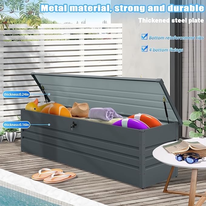 260 Gallon Outdoor Storage Box Waterproof, Extra Large Metal Deck Box and Patio Cushion Box for Storing Gardening Tools, Pool Supplies