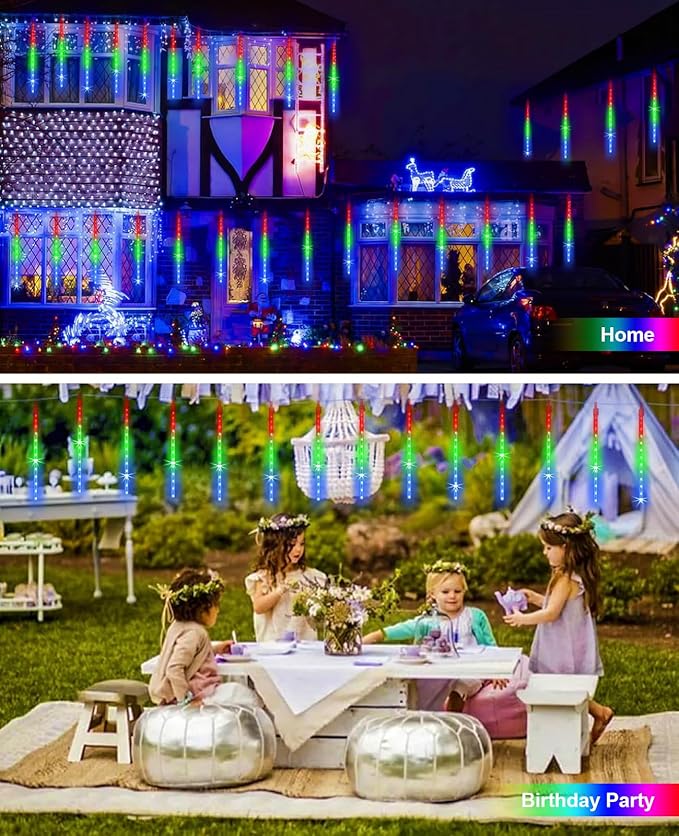 Meteor Shower Lights Outdoor Solar Meteor Lights Falling Rain Lights 16 Tubes 16 Inch 576LED Cascading Snowfall Christmas Lights for Holiday Wedding New Year Party Yard House Roof Tree Mall Decoration