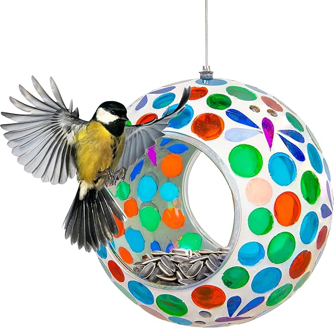 Sunnydaze 6-Inch Glass Mosaic Hanging Bird Feeder for Outdoors - Fly-Through Wild Bird Feeder - Dragonfly Dreams