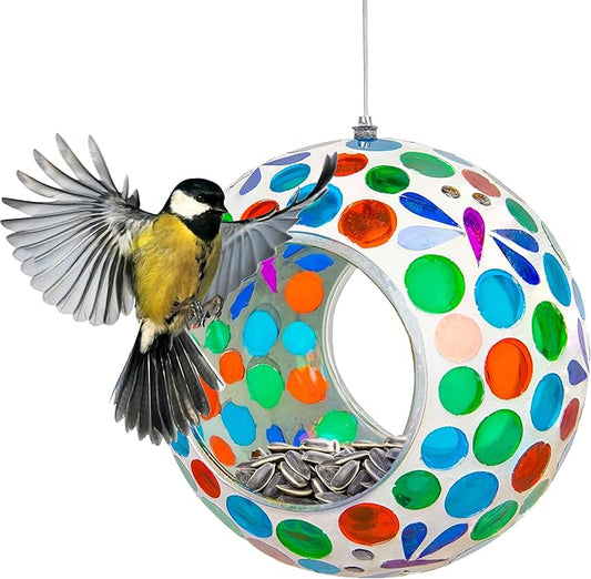 Sunnydaze 6-Inch Glass Mosaic Hanging Bird Feeder for Outdoors - Fly-Through Wild Bird Feeder - Dragonfly Dreams