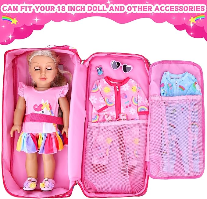 Ecore Fun 7-Piece 18" Unicorn Doll Carrier with Accessories: Doll Case, Clothes, Shoes, Sunglasses, Phone, Hairpins