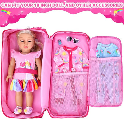 Ecore Fun 7-Piece 18" Unicorn Doll Carrier with Accessories: Doll Case, Clothes, Shoes, Sunglasses, Phone, Hairpins