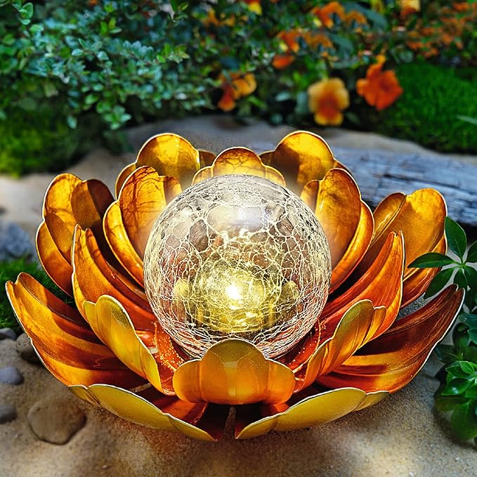 Solar Flower Light Outdoor Christmas Decorative,Garden Solar Powered Lights,Yard Solar Glass Ball Light with Metal Petal for Tabletop Decor Birthday Gift for Her,Christmas Gifts for Women
