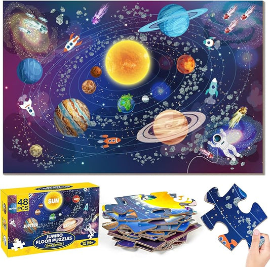 Jumbo Floor Puzzle for Kids Ages 4-6, 48 Piece Large Solar System Jigsaw Puzzle, Extra-Thick Cardboard Preschool Learning Toys for Toddlers 3-5, Educational Gift for Boys Girls 3 4 5 6 7 8