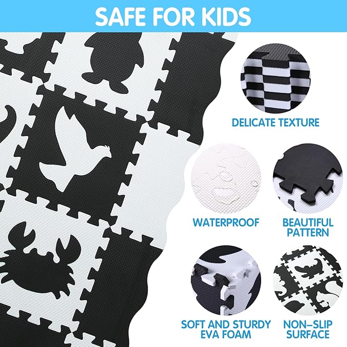 Foam Play Mat for Kids，25Pcs Square Interlocking Puzzle Floor Mat，Baby Play Mat Floor Mat Foam Puzzle Playmat for Toddlers with Fence - Black Animals