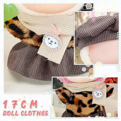 17cm Doll Clothes Set, Compatible with Labubu, Floral Dress with Lace Trim, Headband & Bear Charm Accessory (NO Doll) (Leopard Print)
