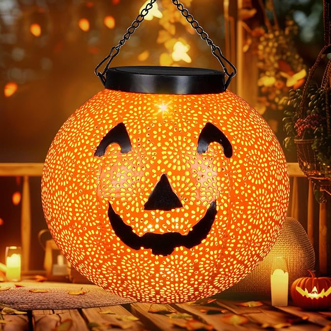 Halloween Solar Lantern Hanging Pumpkin Lights Outdoor Decoration - Solar Powered Lantern Lights Waterproof LED Decorative Lights for Porch Backyard Garden Tree Indoor Orange Halloween Lights Decor