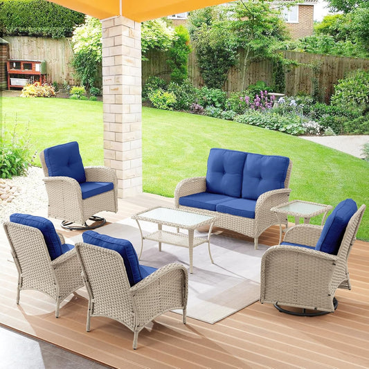 Patio Conversation Sets Wicker Furniture, 7 PCS Outdoor Swivel Rocker Furniture Set for Patio Deck Poolside, 2 Swivel Rockers 2 Club Chairs 2 Rattan Tables 1 Loveseat Included, Blue Cushion