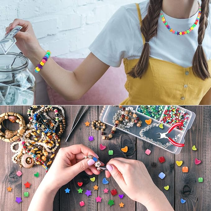 600 Pieces Pony Star Beads Crafts Bulk Hearts Star Colorful Acrylic Beads Large Hole for Bracelet Kawaii Rainbow Necklace Jewelry Crafts Making Valentine Party Favor DIY