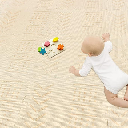 qqpp EVA 18 Tiles Baby Play Mat for Playing, Interlocking Foam Floor Mats for Tummy Time & Crawling, Puzzle Flooring Tiles with Laser Pattern for Kids. Beige. QL-91(J) b18N