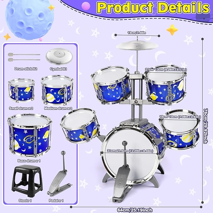 M SANMERSEN Upgraded Kids Jazz Drum Set Toddler Toy Drum Set with Stool, Plastic Rock Jazz Drum Kit Musical Toys Gift for Boys Girls 1-3 3-5