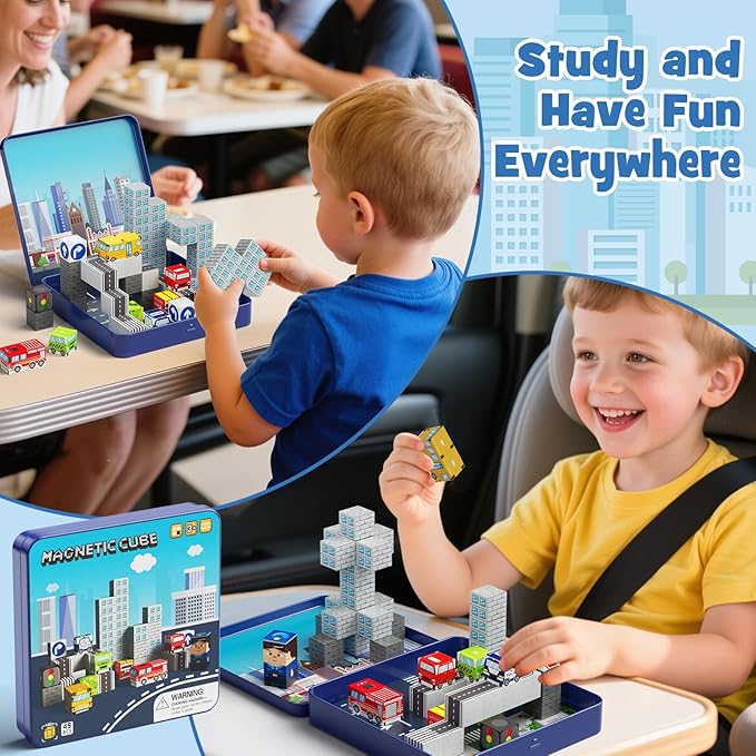 City Traffic Magnetic Blocks Set,Child-Safe STEM Toys with Fully Encased Magnets Non-Toxic & Choking-Proof Travel Learning Gift for Ages 3-8 Car/Airplane Toddler Toy Birthday (49 PCS)