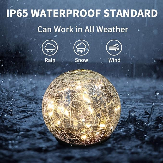 Solar Globe Lights, Cracked Glass Solar Waterproof Warm White LED Ball Lights for Yard Pathway Patio & Lawn Decor (Warm Colors, 2 Pack, 3.94")