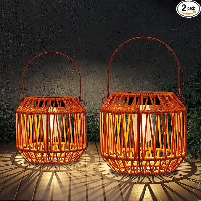 Solar Lanterns,Solar Boho Lanterns Outdoor Waterproof Wicker Lights for Outside Hanging Rattan Lights Outdoor Woven Lamp Decoration for Garden,Yard,Patio,Porch,Trees,Lawn,Pathway,2 Pack