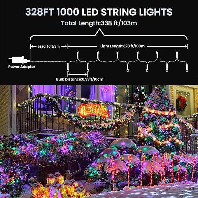 338Ft Christmas Lights Outdoor, 1000 LED Christmas String Lights with 8 Modes, Timer, Waterproof Fairy Twinkle Lights for Christmas Party, Garden, Wedding, Holiday, Xmas Tree Decorations (Multicolor)
