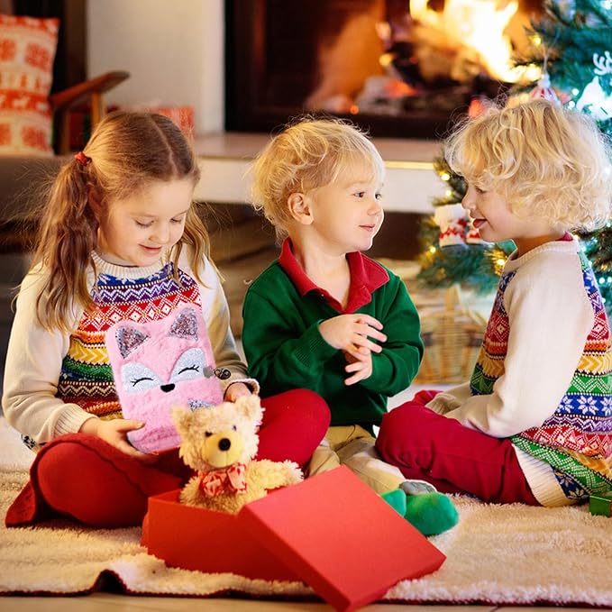 Gifts for 6 7 8 9 Year Old Girls, Diary with Lock for Girls - Journal Kit for Girls with Bookmarks Sticky Notes Pom Pom Pen Fuzzy Notebook (Fox Diary,Pink)