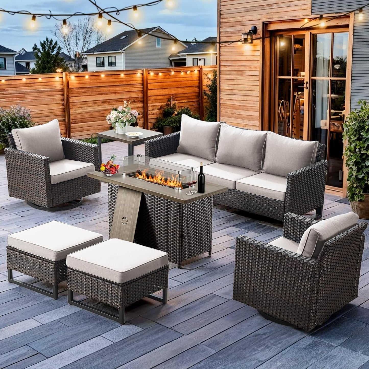 HUMMUH 7 Piece Patio Furniture Set with Fire Pit Table 41in 55,000 BTU,Wicker Outdoor Conversation Sets - Outdoor Swivel Rocker Chairs Patio Sofa for Porch,Garden,Backyard