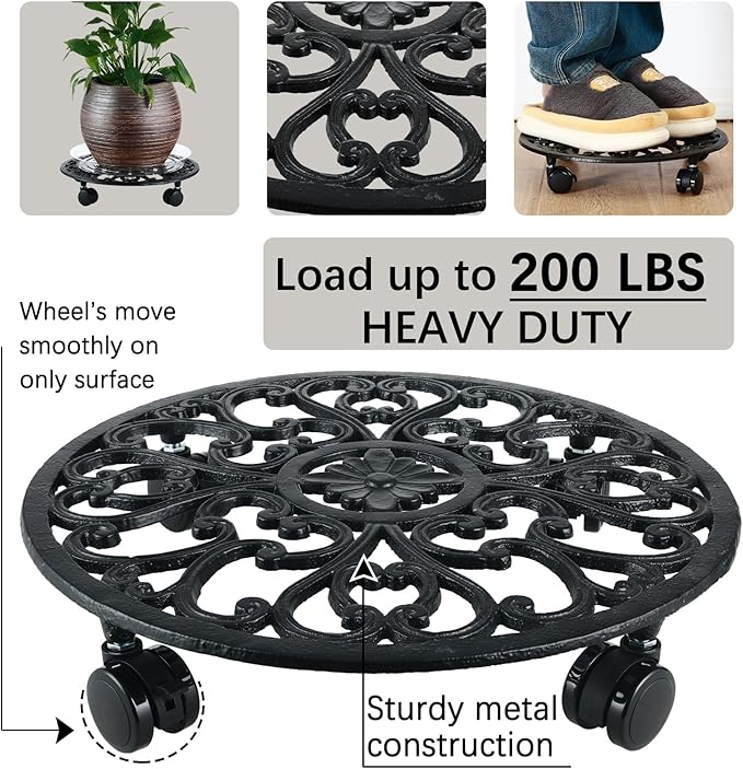 14 Inch Rolling Plant Stand with Wheels Metal Plant Caddy with Wheels Heavy Duty Round Plant Stand Indoor Iron Plants Rollers for Plants, Plant Dolly with Plant Saucers 1 Pack