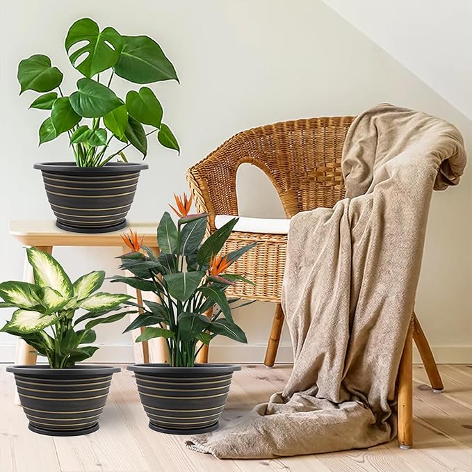 KPUVX12 inch pots for Plants, 3 Pack Large-Planter-Indoor-Outdoor,Plastic Flower Pots with Saucer and Drainage Holes, Retro Antique Imitation Decorative Garden Containers Sets for Houseplant(Gold)